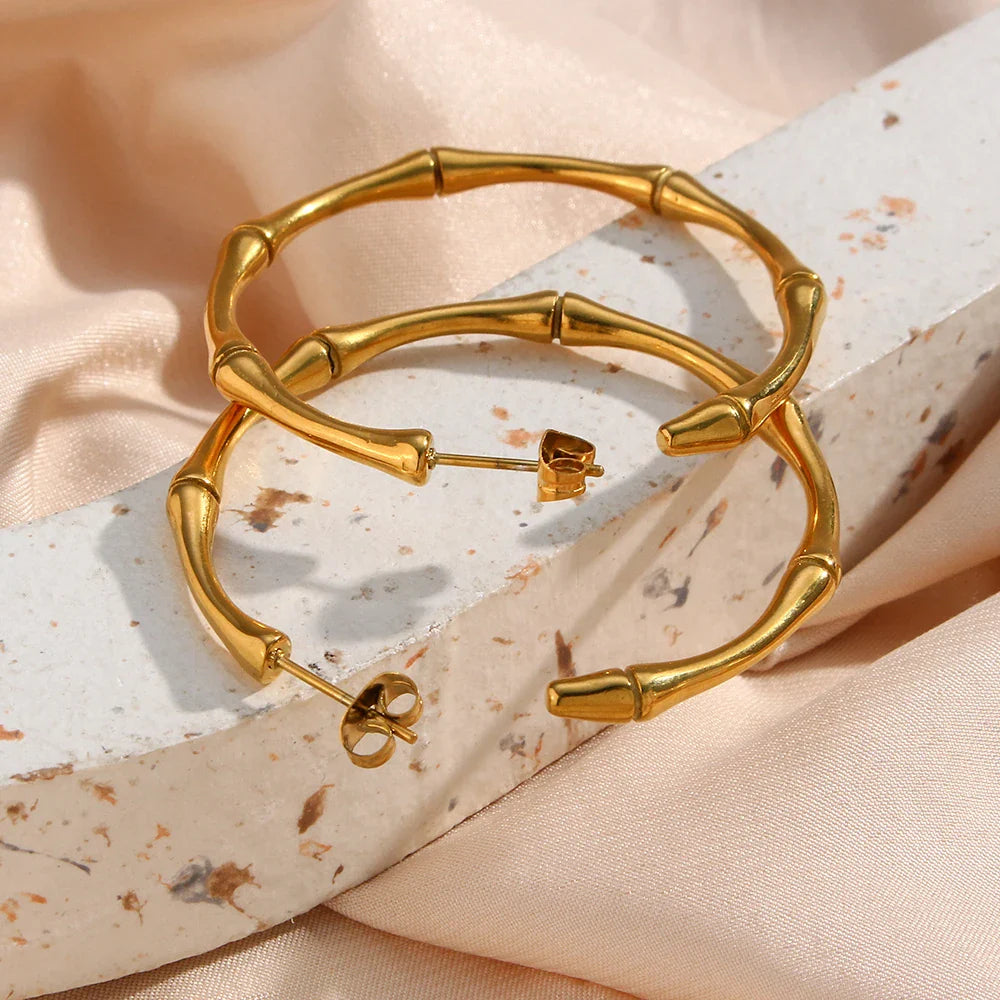 18k Large Bamboo Hoop Earrings