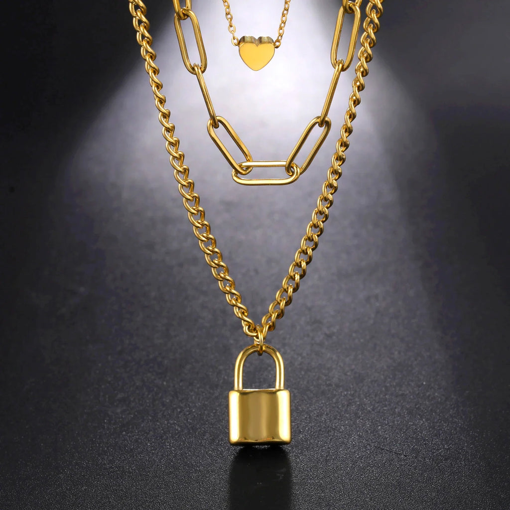 Triple Layer Love Lock Necklace Set