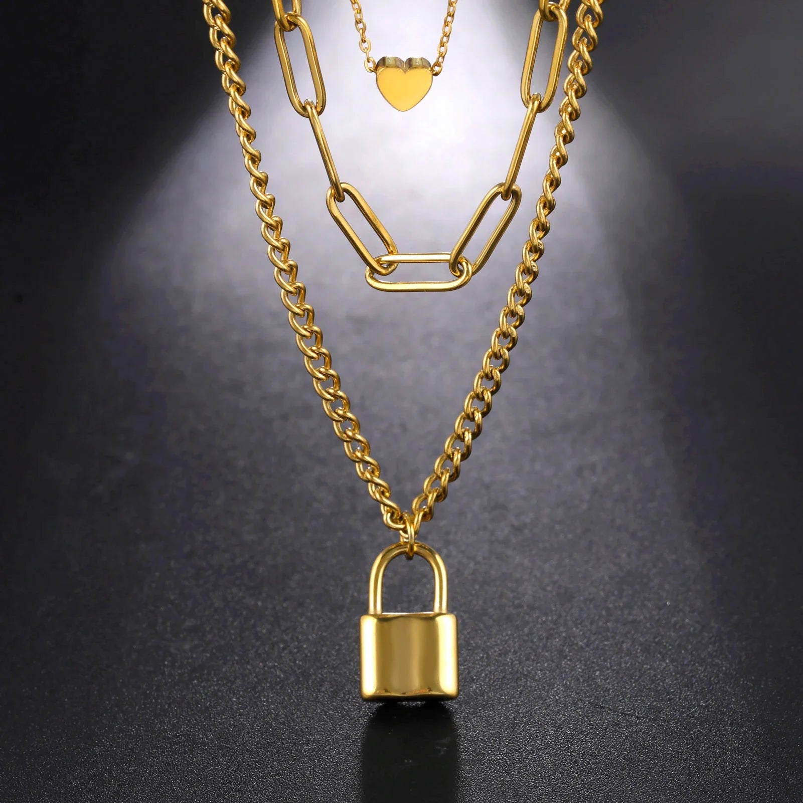 Triple Layer Love Lock Necklace Set