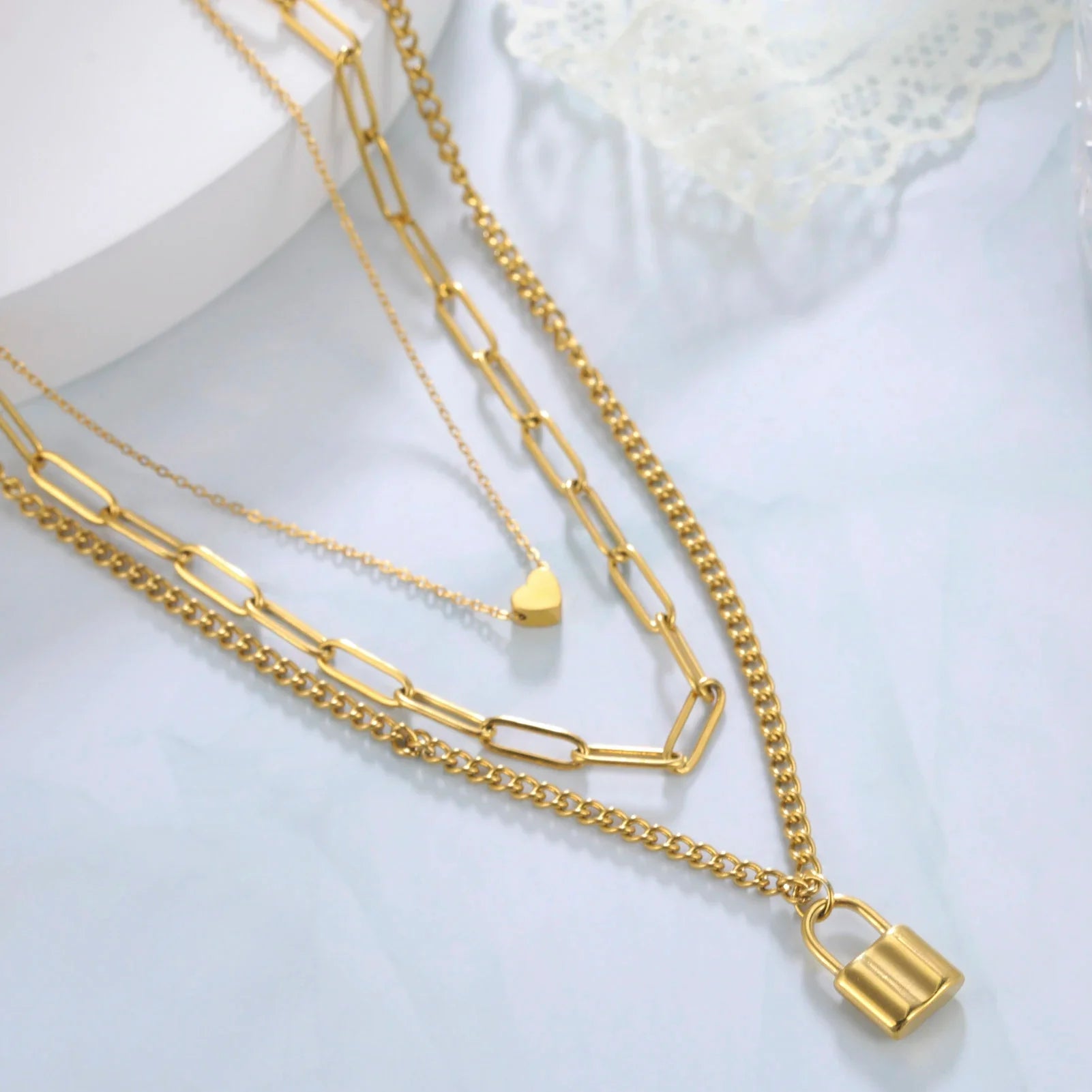 Triple Layer Love Lock Necklace Set