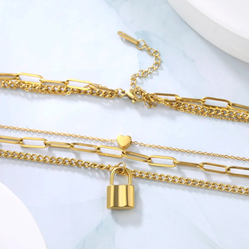 Triple Layer Love Lock Necklace Set
